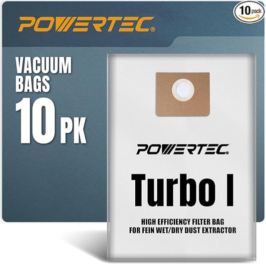 POWERTEC Turbo I, 9-20-27 Fleece Filter Bags 10PK, for Fein Dustex 25 L Wet/Dry Dust Extractor, for Fein 31345061010 Shop Vacuum Replacement Bags, Filter Bags, Dust Bags (75041-P2)