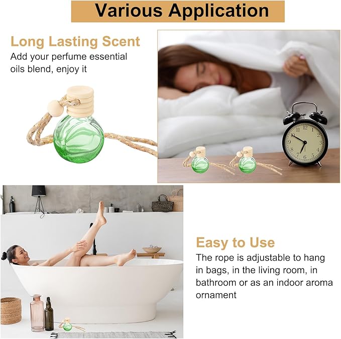 uxcell 8pcs Hanging Car Air Freshener Perfume Bottle, 10ml Pendant Empty Clear/Green Glass Essential Oil Aromatherapy Diffuser with Wooden Cap for Car Decor (Clear/Green, Round)