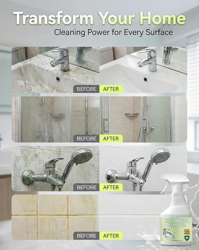 Hard Water Stain Remover, Shower Glass Cleaner Soap Scum Remove, Limescale and soap scumr, Reduces Buildup, Calcium, Shower Cleaner for Shower, Glass, Toilet, Tub, Sink