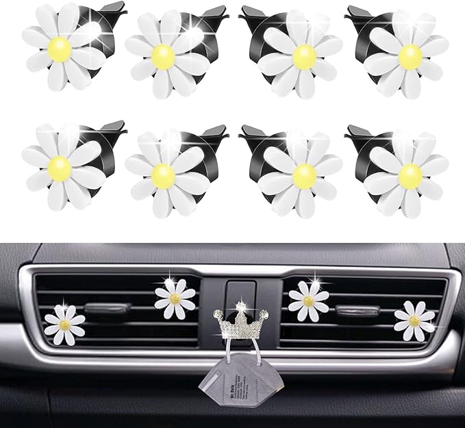Daisy 8-Piece Car Accessory Set - Air Vent Clips, Cute Air Fresheners, Dashboard Clip, Car Diffuser Vent Clip & Mask Hook (White)