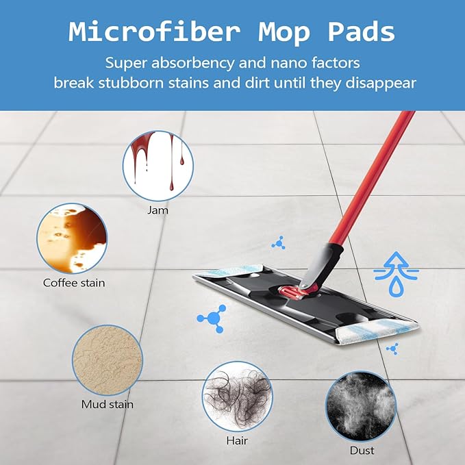 8 Pack Replacement Pads for O Cedar H2prO Flat Mop System, Flat Pads for Ocedar Flat Mop System, Machine Washable/Reusable, Powerful Stain Removal, for Hardwood, Tile, Marble, Laminate Floors.