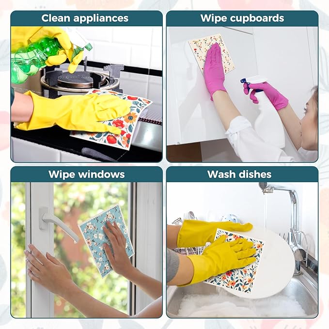 5PCS Swedish Dishcloths for Kitchen, Reusable Dish Rags for Washing Dishes with Clips, Non-Scratch Kitchen Towels and Dishcloths Sets, Washable Swedish Dish Cloths, No Odor(Plant)