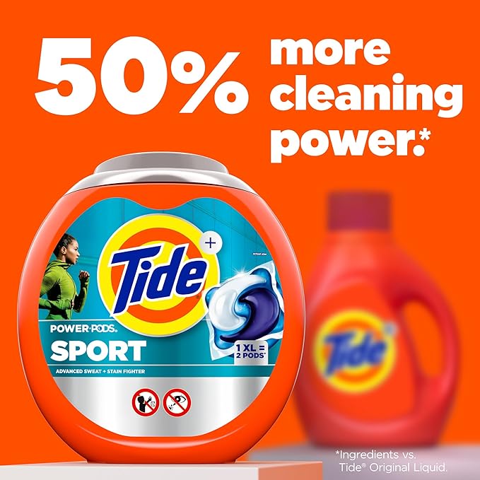 Tide Power Pods Sport Laundry Detergent Pacs, 45 Count, Advanced Sweat + Stain Fighter