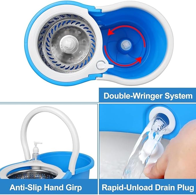 360° Spin Mop and Bucket System with Wringer - 61" Stainless Steel Handle & 3 Microfiber Refills, Self-Cleaning Floor Mop for Tile, Hardwood, Laminate Floors (Blue and White)