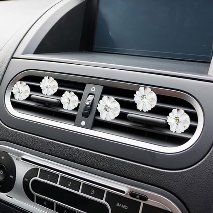 Daisy Air Vent Clips - 6 Pcs Cute Flower Car Air Fresheners Vents Clips Glam Car Interior Decor Charm Accessories for Women (White)+ Mask Hook