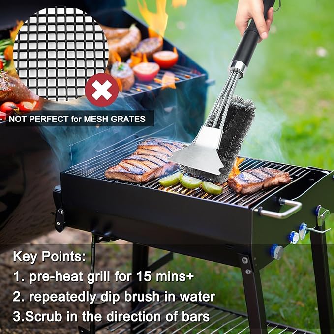 (2Pcs) Bristle-Free Grill Brush & Scraper Set - Safe Stainless Steel BBQ Grate Cleaner for Porcelain/Weber Gas/Charcoal Grills | Heavy Duty Grill Cleaning Kit Accessories (Gifts for Men/Dad)