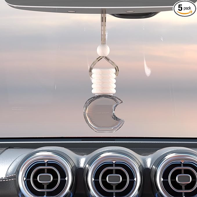 5PCS Hanging Car Air Freshener, Auto Interior Decoration 8 ml Oil Diffuser Perfume Aromatherapy Pendant Empty Glass Bottle, Fragrance Ornament with Vent Clip Wooden Cap and Rope (Apple)