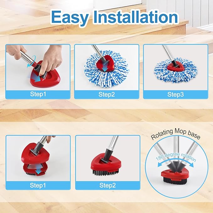 Spin Mop Handle, Mop Replacement Heads,Brush,Base Compatible with OCedar RinseClean 2 Tank,Inclued 2 Microfiber Mop Heads,1 Mop Base,2 Brush and 4-Section Mop Handle for Ocedar,Use for Floor Cleaning