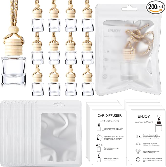 Boao 200 Sets Hanging Car Air Freshener Diffuser Bottles with Instruction Card and 4 x 6'' Resealable Holographic Bag for Empty Car Essential Oil Perfume Bottles Packaging (Cylinder)