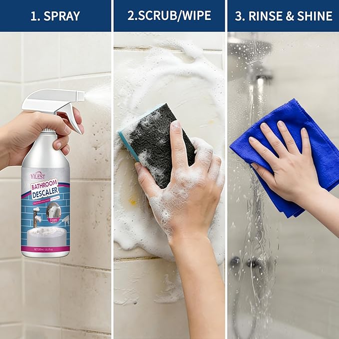 2026 New Multipurpose Bathroom Descaler Foam Cleaner 300ML – No-Rinse Formula with Cleaning Cloth & Sponge, Powerful Limescale Remover for Bathtub, Shower, Taps, Glass, and Tiles