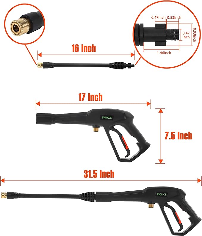 PWACCS Pressure Washer Gun Replacement with Extension Wand Kit — Power Washing Trigger Handle with 5 Spray Nozzles — Pressure Washer Parts Compatible with Ryobi, Green Works & Karcher — 2000 PSI MAX