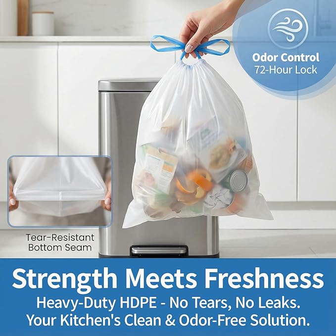150 Count 8 Gallon Trash Bags Drawstring - 1.2 Mil Heavy Duty Medium Garbage Bags Unscented, 30 Liter Thick Plastic Trash Can Liners for Home Kitchen Bathroom