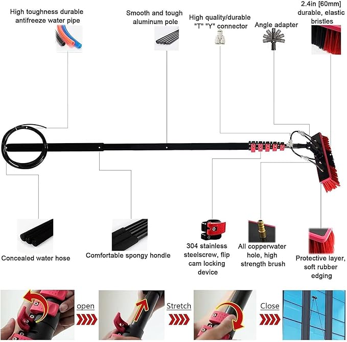 8M Extendable Window Cleaning Pole - Water Fed Cleaner with 30Cm Brush for High Reach Windows Conservatory Roofs & Streak-Free Shine - Ultimate Effortless Cleaning Tool