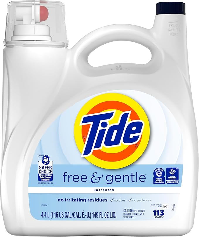 Tide Free & Gentle Liquid Laundry Detergent, 113 Loads, 149 fl oz, Tide Laundry Detergent, Clean Laundry Detergent, Free of Dyes and Perfumes, Hypoallergenic Formula Gentle On Sensitive Skin