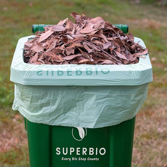 SUPERBIO 55 Gallon Compostable Yard Waste Bags, Lawn & Leaf Bags, Heavy Duty Extra Thick 1.57 Mil, 10 Count, 208.1 Liter, BPI and OK compost INDUSTRIAL