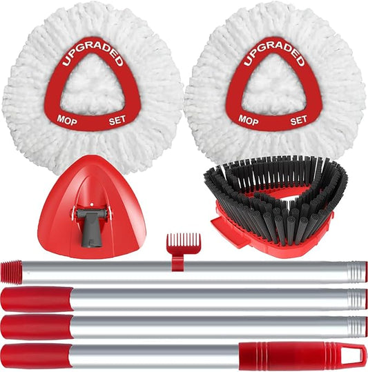 Spin Mop Replace Head Compatible with Ocedar EasyWring 1 Tank, Upgraded Scrub Brush Mop Replacement Head, 2 Microfiber Mop Refills, 1 Mop Handle, 1 Mop Base and 1 Mop Base Cleaning Brush Combo Set