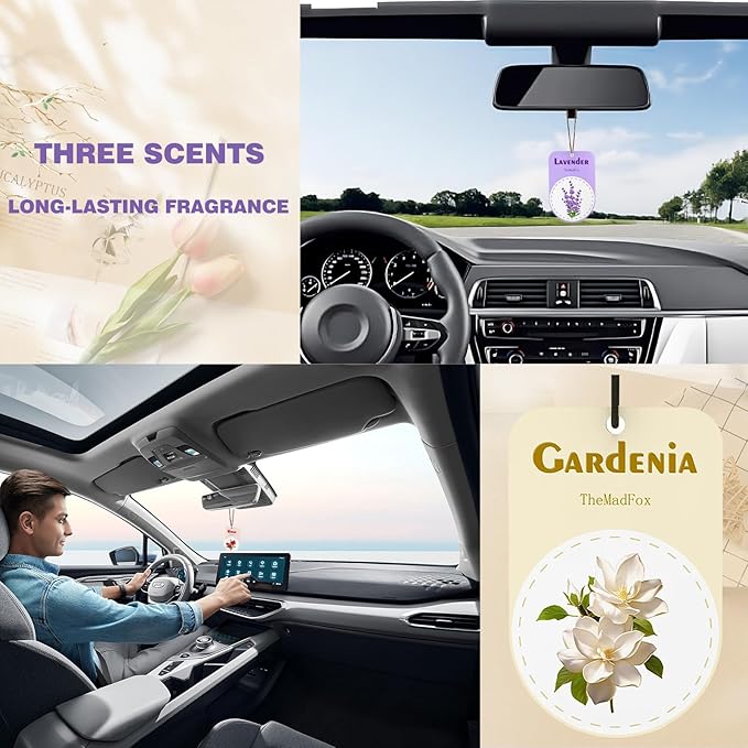 Hanging Car Air Fresheners, Long Lasting Scented Cards for Cars, Freshener Scents Lavender Rose Gardenia, Cute Car Accessories for Rearview Mirror, Wardrobe & Home, 12 Pack