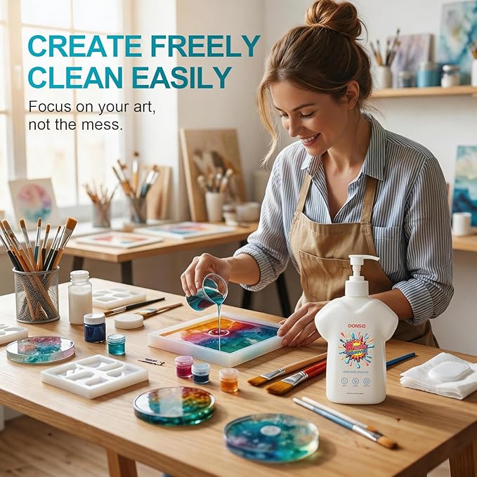 13.5 OZ Gentle & Moisturizing Epoxy Resin Cleaner Remover - A Natural, Comfortable Hand Cleaner for Removing Uncured Resin, Glue, and Paint from Skin, Tools and Molds, Ideal for Artists and Crafters.