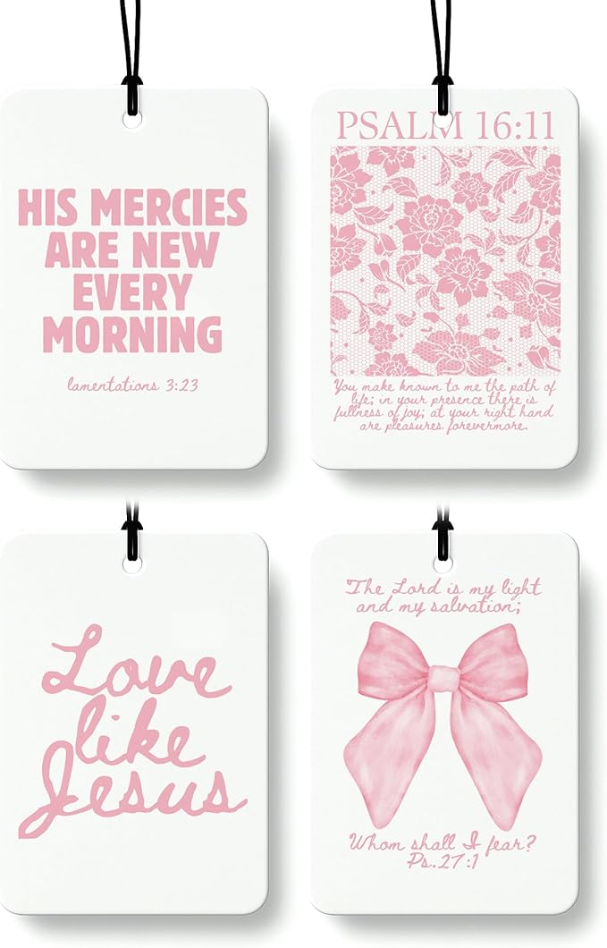 Pink Christian Car Air Freshener 4 Pcs, Girly Pink Bow Floral Religious Hanging Air Freshener for Cars Closet Drawer Books, Cute Preppy Christian Car Accessories Mirror Decor for Women