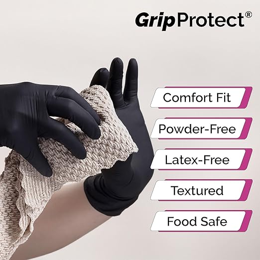 GripProtect® Precise Black Nitrile Gloves, Exam, 4 Mil, Food, Home, Cleaning, Medical/Dental, Tattoo (X-Large, 100)