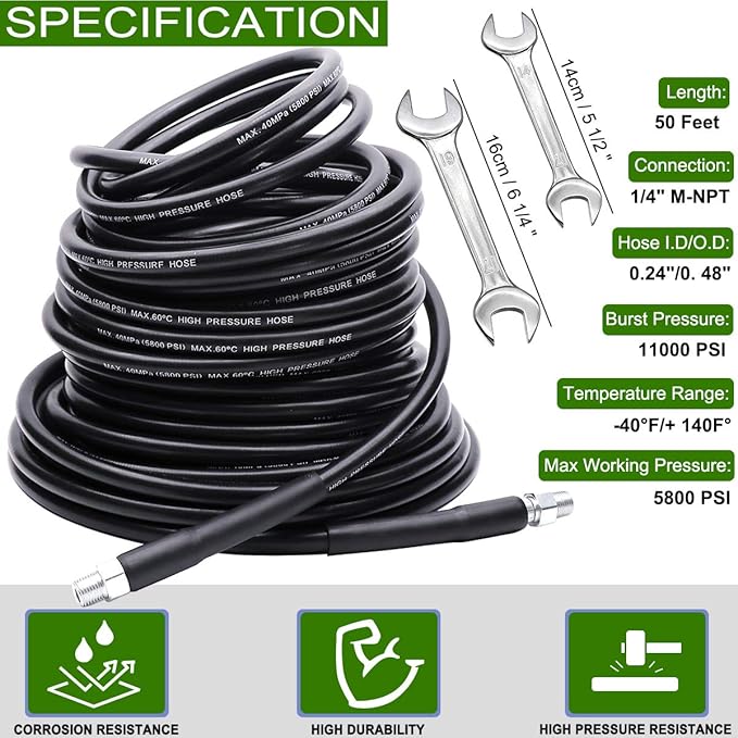 Sewer Jetter Kit 50FT for Pressure Washer, 5800PSI Drain Cleaner Hose 1/4 Inch NPT, Corner, Rotating & Button Nose Sewer Jetting Nozzle with Spanner Waterproof Tape Pearl Corsage Pin