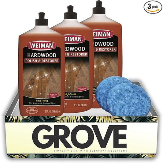 3x Weiman High Traffic High Gloss Hardwood Floor Polish & Restorer Liquid 32 oz Bundle with Microfiber Applicator Pads – Wood Floor Cleaner and Polish for Scratch Repair and Shine – Gift Set (4 Items)