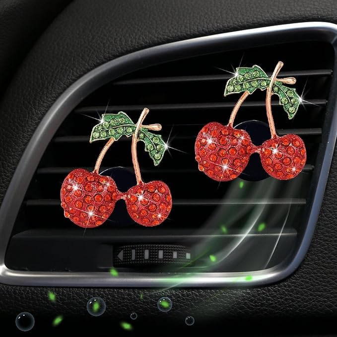 Red Cherry Car Air Vent Freshener Perfume Clip, Rhinestone Air Outlet Fragrance Perfume Clip Freshener, Car Decorations, Interior Accessories (Odor Random)(Ocean, lavender, cologne, peach)