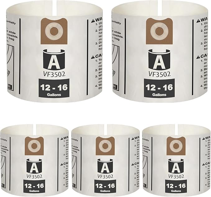 SpaceTent 5 Pack VF3502 Replacement for Rigid Shop Vac Bags Size A, compatible with RIDGID 12-16 Gallon Wet/Dry Vacuums, Part# 23743, Average Performance Dust Filter Bags