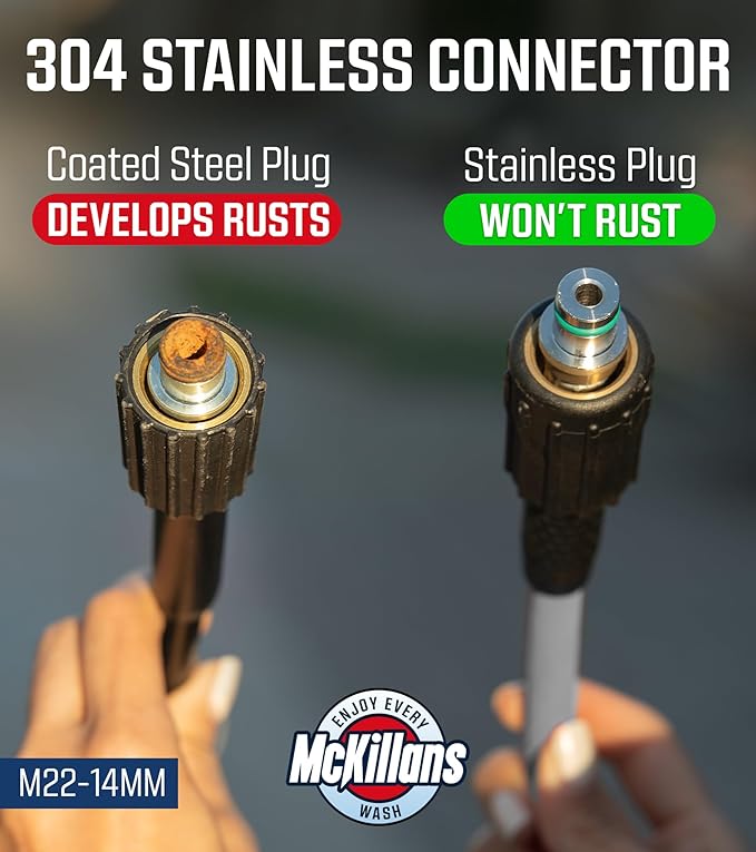 McKillans® Pressure Washer Hose 50 ft - Flexible & Kink-resistant - Steel-Braided & Durable- M22-14mm Stainless Steel Plug - Power Washer Hose - High Pressure 1/4" Inner Diameter - Long 50 ft Reach
