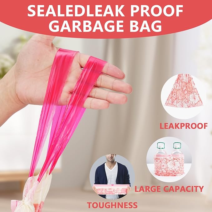 Trash bags, 4 Gallon Trash Bags Drawstring, Colorful & Portable Small Trash Bags with Plum Blossom Printed, Tear-Resistant Garbage Bags 4 Gallon for Bathroom Office Trash Cans, 80 Count