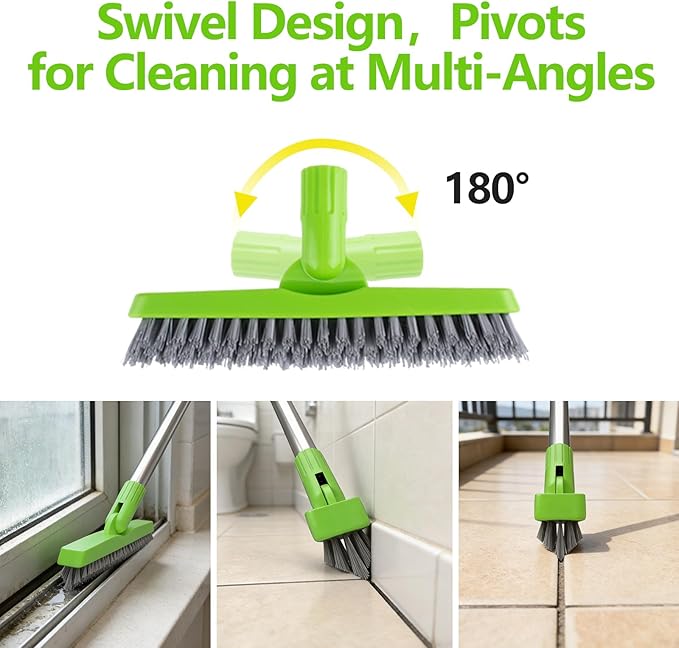 ITTAHO 2 Pack Grout Brush with Long Handle, Swivel Cleaning Grout Line Scrubber - Durable Handle Grout Cleaner Brush for Bathroom,Tile,Baseboard,Walk in Shower,Corner & Narrow Space (Green)