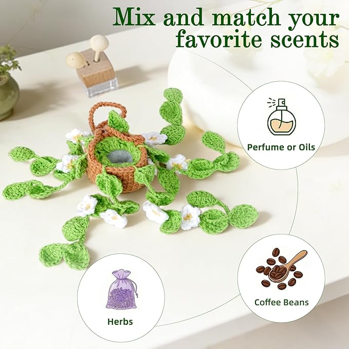 Crochet Car Air Freshener, 8ml Empty Refillable Oil Diffuser Bottle with Hanging Crochet White Daisies Plant & Hanging Tools, Car Rearview Mirror Diffuser for Wall Art & Home & Office Decoration