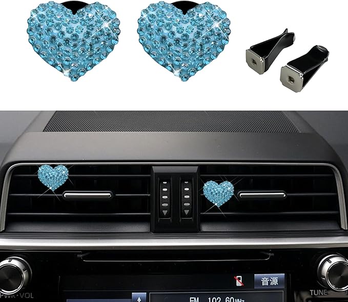 2PCS Bling Heart Air Vent Clips, Heart Shaped Crystal Air Freshener Vent Clips, Rhinestone Air Conditioning Outlet Clip, Universal Interior Decor Car Accessories for Women Girl (Blue)