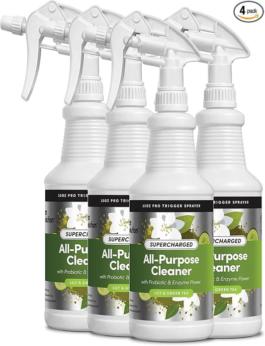 Clean Revolution SuperCharged All Purpose Cleaner Refill with Smart Probiotic + Enzyme Complex, Multi-Surface Kitchen Bathroom & Floor Cleaner, Lily & Green Tea, 32 Fl Oz (Pack of 4)