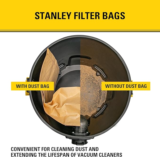 STANLEY Filter Bag 19-3100,for 5-8 Gallon Wet/Dry Vacuum,Compatible with STANLEY SL18115 SL18115P SL18116 SL18116P SL18117 SL18701P-10A SL18410P-5A SL18410-5B and Porter-Cable PCX18406-5B,(Pack of 6)