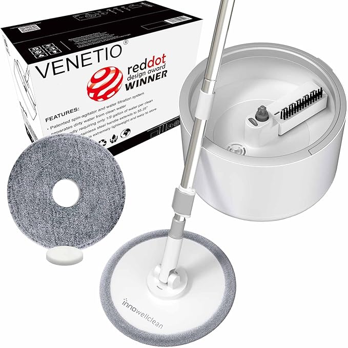 VENETIO Innowellclean Microfiber Spin Mop and Bucket Set with Patented Water Filtration System - Deep Self Cleaning/Dry/Wet All-In-One Floor Mop for Home Hardwood, Tile - Ideal for Pet Owners (2 Pads)