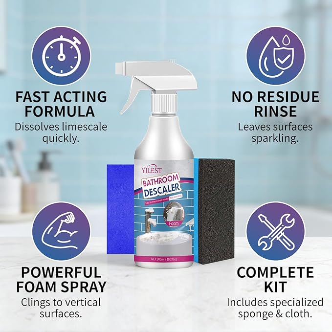 2026 New Multipurpose Bathroom Descaler Foam Cleaner 300ML – No-Rinse Formula with Cleaning Cloth & Sponge, Powerful Limescale Remover for Bathtub, Shower, Taps, Glass, and Tiles