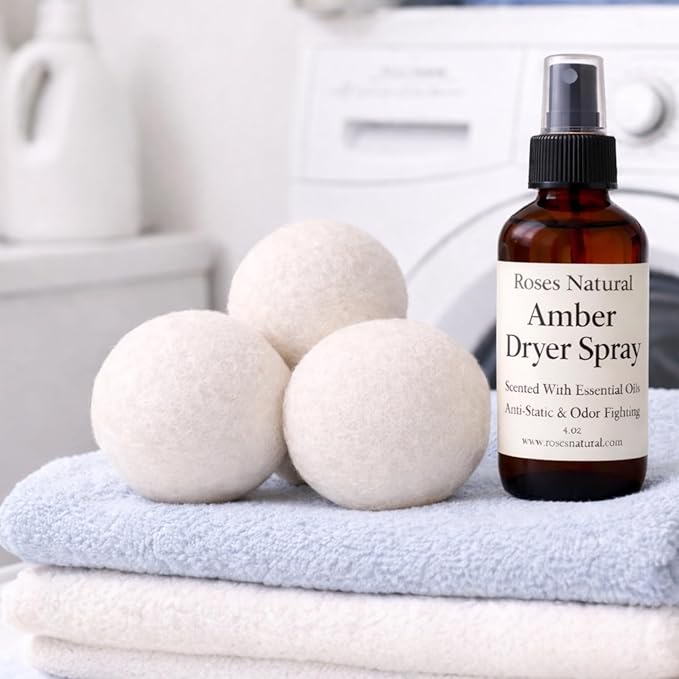 Wool Dryer Balls & Dryer Spray Bundle – 3 Reusable Dryer Balls + Plant-Based Essential Oil Dryer Spray, Natural Fabric Freshener, Anti-Static & Odor Fighting (Amber)