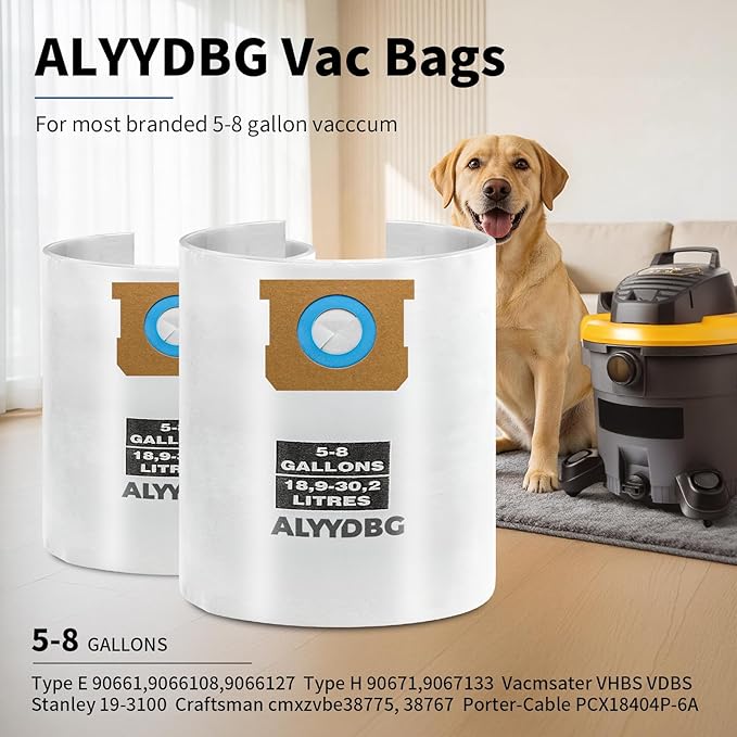 Universal 5-8 Gallon Vac Bags for 2-1/2 Inch Port Canister, ALYYDBG Type E 90661 9066166, Type H 90671 9067133; VF2004, VHBS VDBS High- Efficiency Disposable Vacuum Collection Filter Bags 5 Pack
