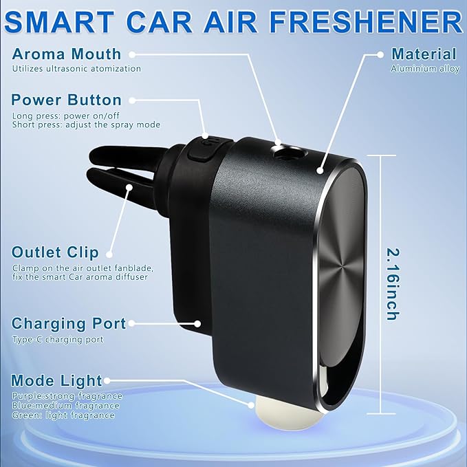 Smart Car Air Freshener Diffuser - 3 Adjustable Modes Automatic Car Diffuser for Essential Oils with 4PCS Essential Oil Refills Long-Lasting Scent