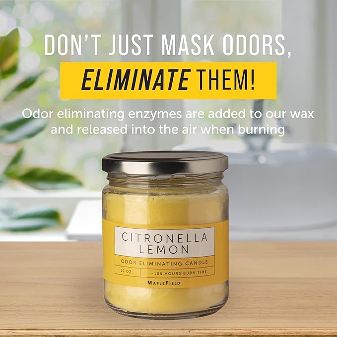 Maplefield Citronella Smoke Eliminator Scented Candle - Cooking & Kitchen Odor Neutralizer - Pet Odor Eliminator Home Freshener - Car Air Freshener & Room Deodorizer - 1 Oz, Yellow