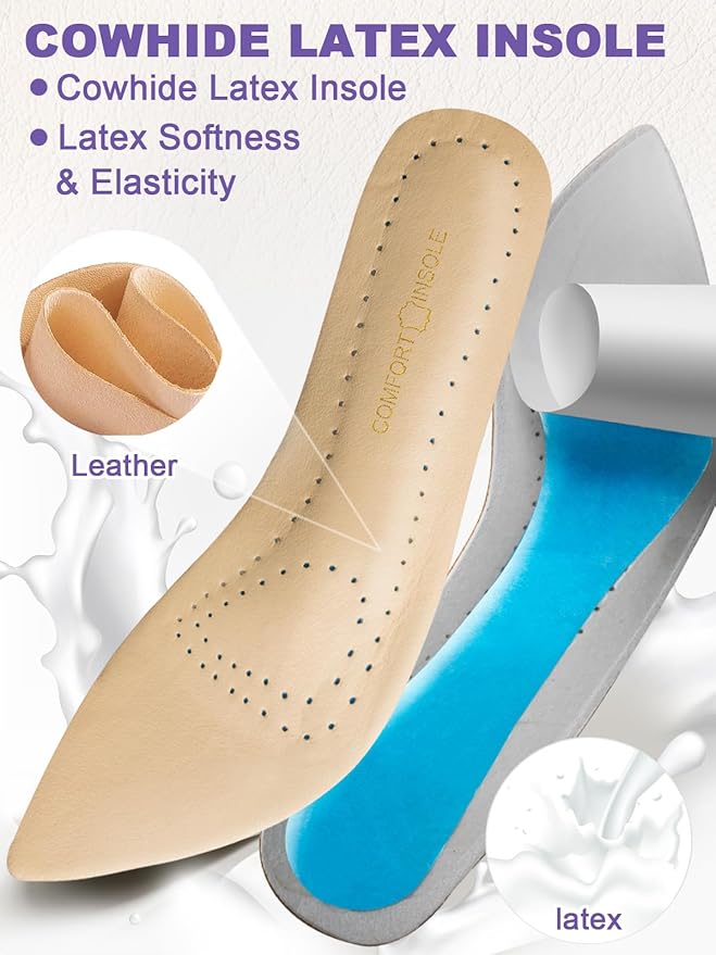 Leather Sockless Shoe Insoles for Men, Thin Dress Work Boots Inserts - Shock Absorption, Anti Sweat & Anti-Odor, for Athletic Shoes, Leather Shoes (Skin-Colored Pointed Toes, Sharp-Apricot-35-36)