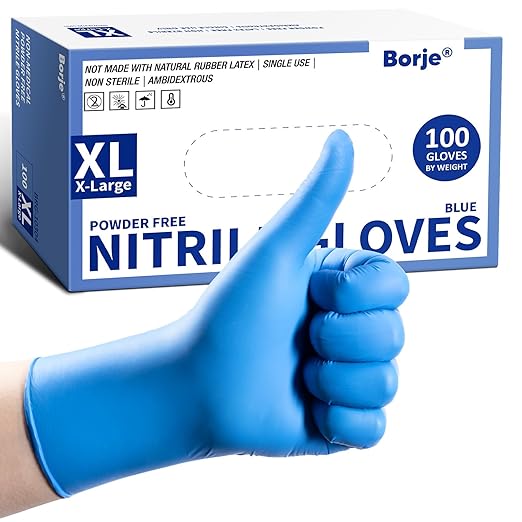 Borje Nitrile Exam Gloves XL, 100 Count Disposable Gloves, Blue, Latex-Free Powder-Free, Food Safe, Cooking, Cleaning