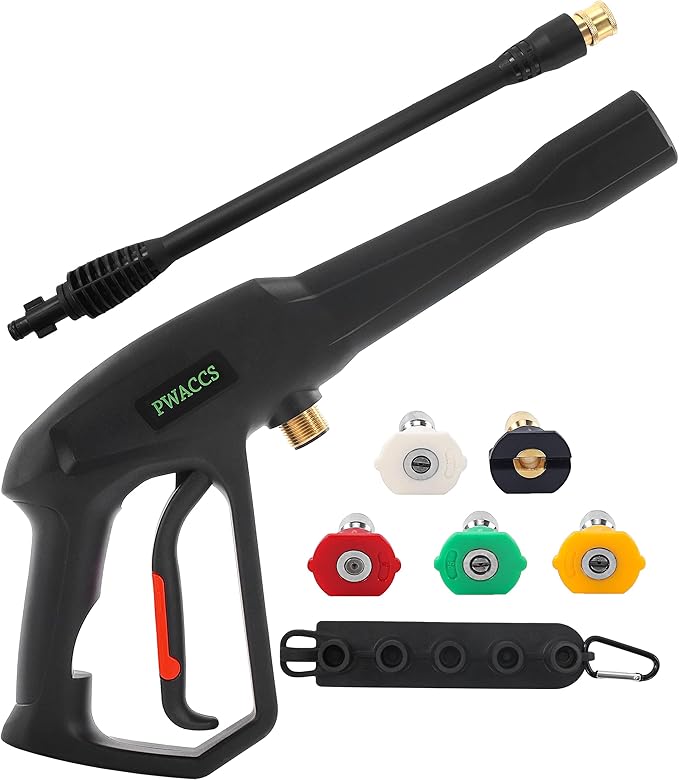 PWACCS Pressure Washer Gun Replacement with Extension Wand Kit — Power Washing Trigger Handle with 5 Spray Nozzles — Pressure Washer Parts Compatible with Ryobi, Green Works & Karcher — 2000 PSI MAX