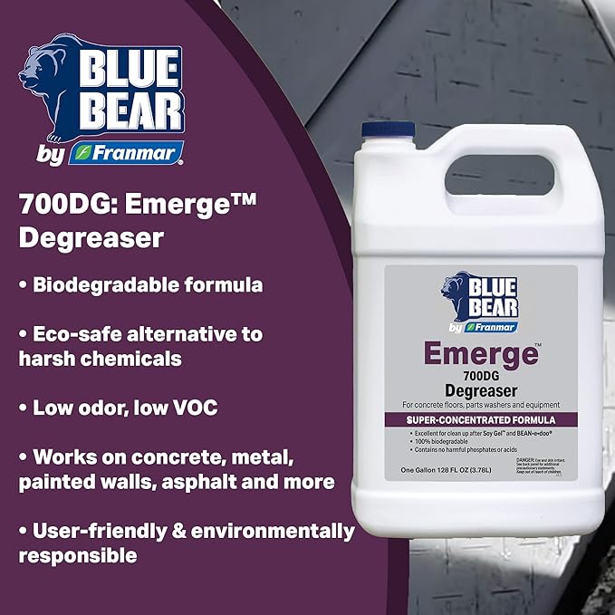 BLUE BEAR 700DG: Emerge Degreaser – Low-Odor, Biodegradable Cleaner Removes Oil, Grease, Dirt & Grime from Concrete, Tile, Wood, Stone & Tools – Safe for Heavy-Duty & Everyday Cleaning – 1 Qt