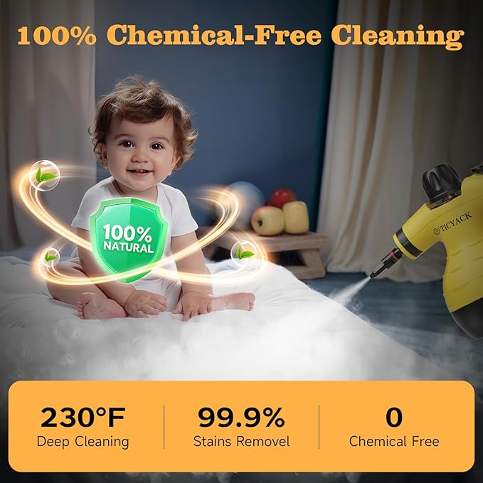 TICYACK Handheld Steam Cleaner, Steam Cleaner with 16 PCS Accessory & Safety Lock, Capacity, Multi-Surface Deep Cleaning for Home, Car, Bathroom, Grout, Floor, Window(Yellow)