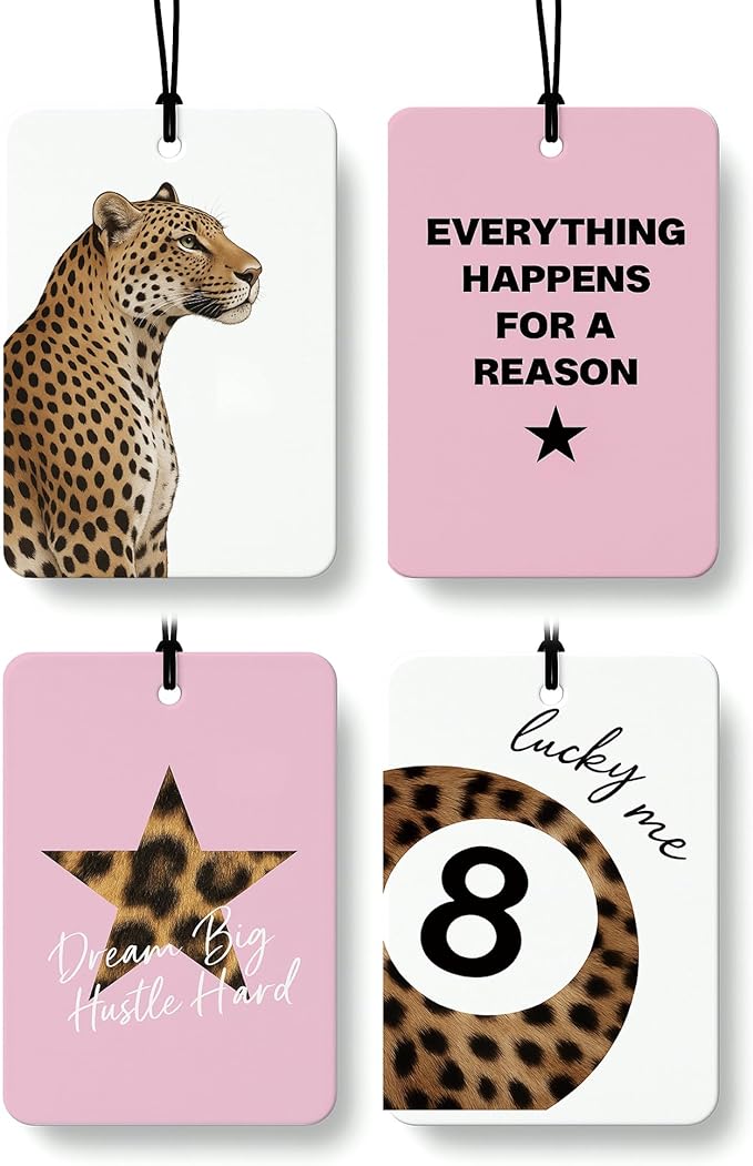 Pink Leopard Print Car Air Freshener 4 Pcs, Trendy Cheetah Lucky 8 Ball Hanging Air Freshener for Cars Closet Drawer Books, Preppy Girly Car Accessories Mirror Decor for Women