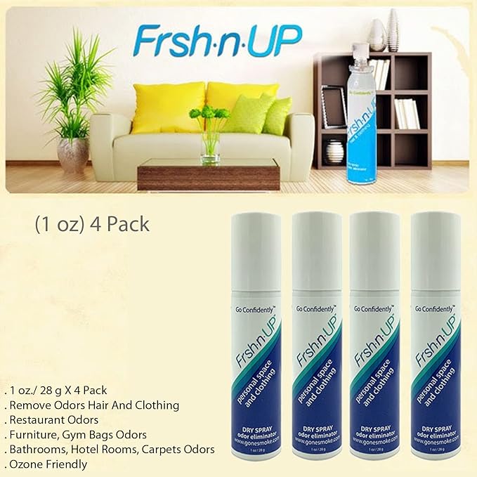 Frsh N Up Hair And Clothing Dry Spray Odor Eliminator, Air Freshenr Fabric Hair Carpets (1 Oz) 4 Pack