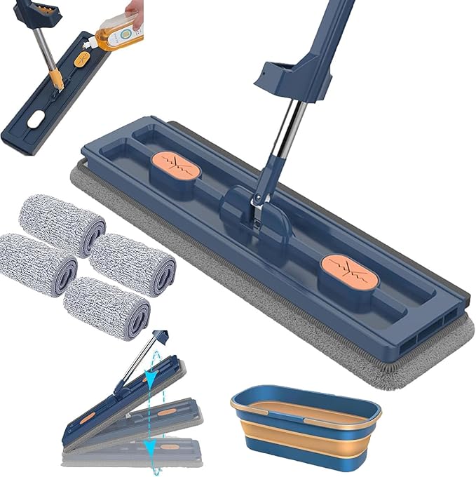 Mop and Bucket with Wringer Set, Large Flat Mop, Large Flat Mop and Bucket System, 360 Rotating, with 6 Reusable Microfiber Pads Dry and Wet (Blue + Bucket)
