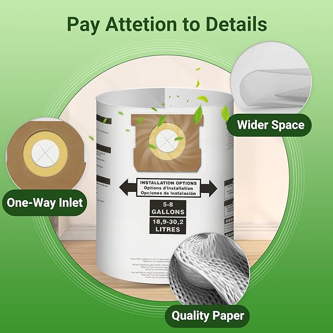 5 Pack Replacement for Shop Vac Bags 5-8 Gallon，Type E 90661 9066133, Type H 90671 9067133, VF2004, VHBS, VDBS, PETOX High-Efficiency Disposable Vaccum Collection Filter Bags